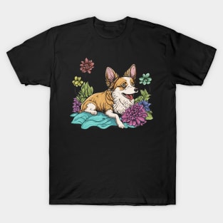 Cute Corgi Dog with Flowers in Summer Time T-Shirt